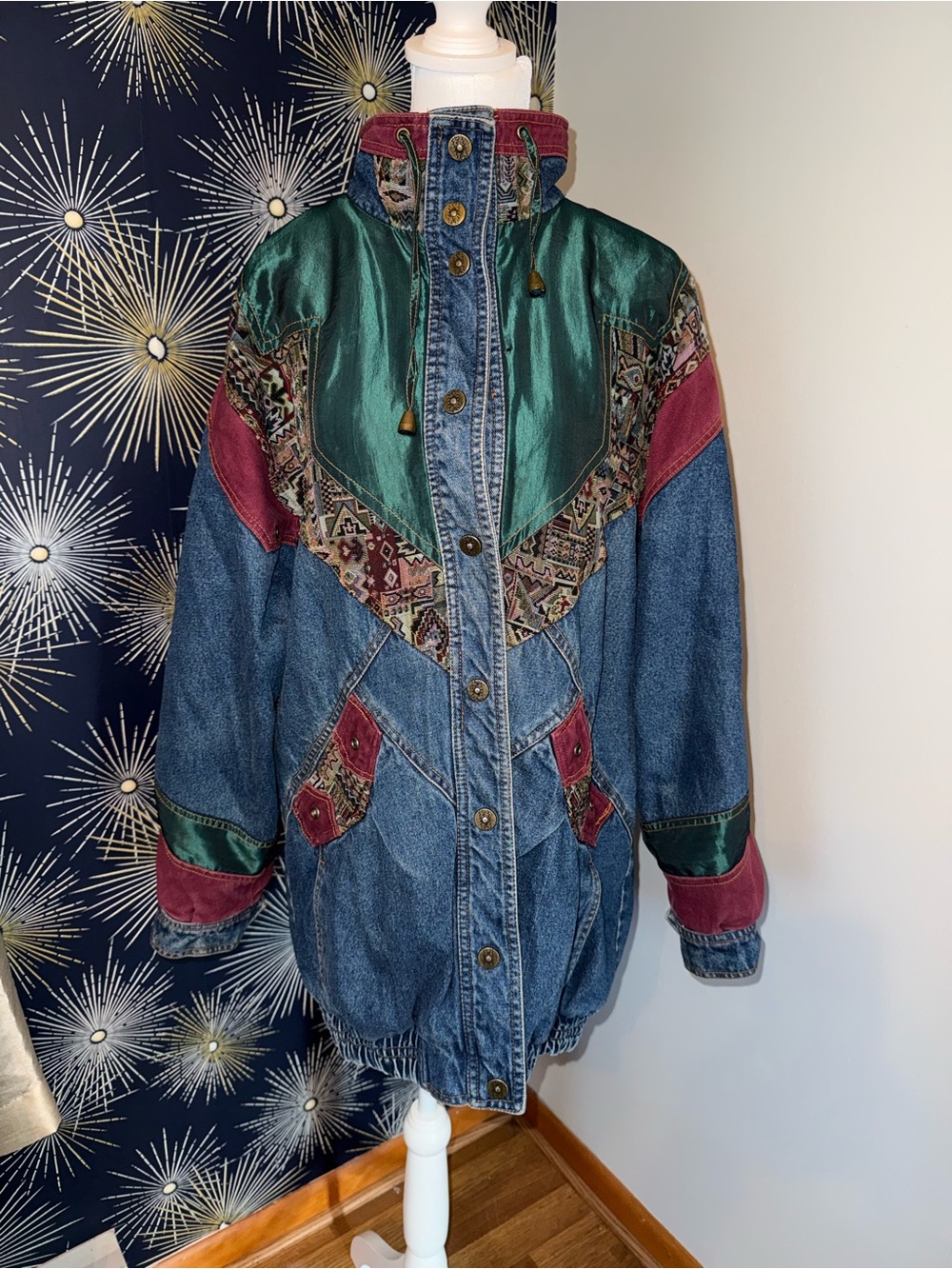 Vintage 80’s Current Seen Patchwork Tapestry Oversized Denim Coat